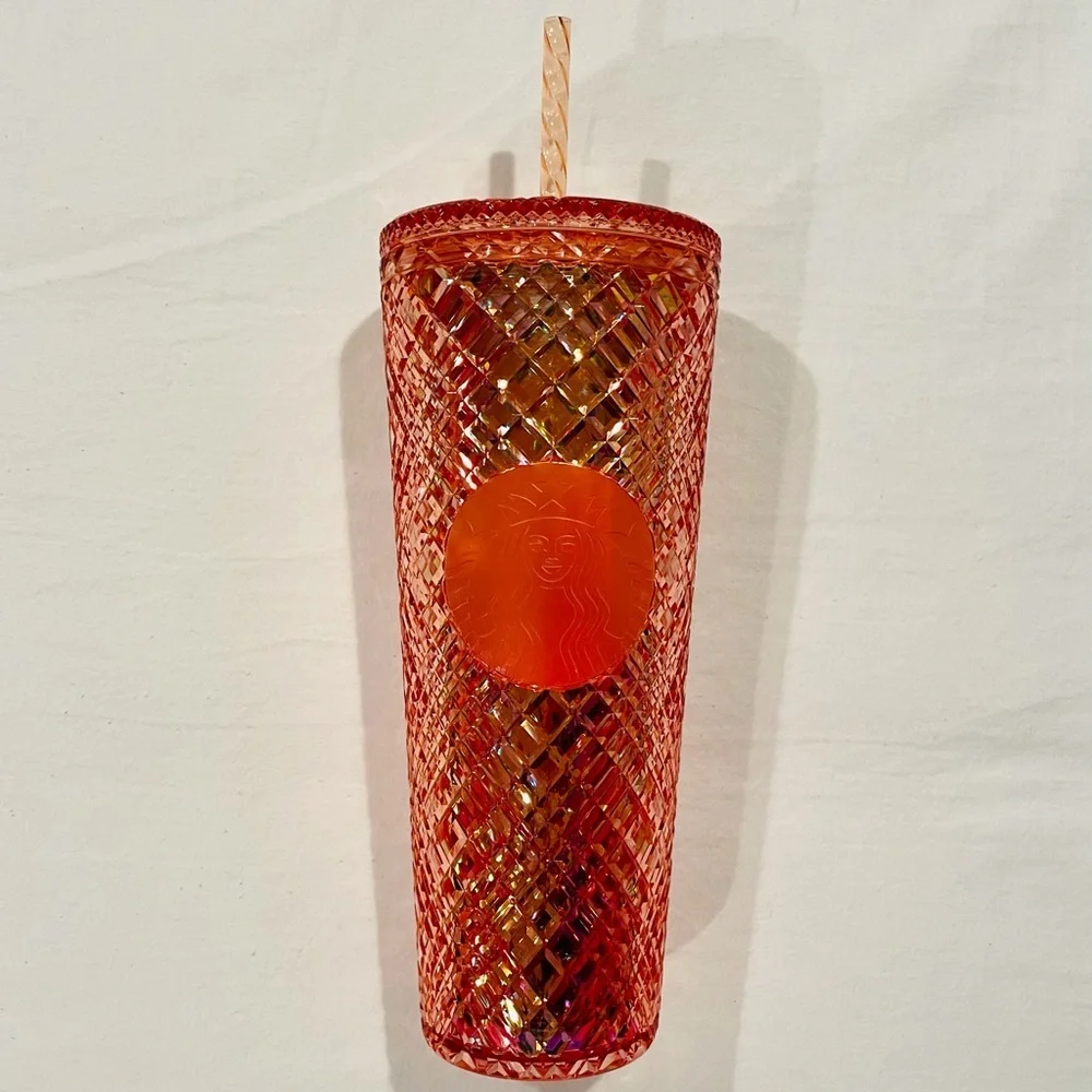 New Starbucks Cold Cup 24 oz Holiday 2021 Rose Gold Venti Jeweled Tumbler Straw